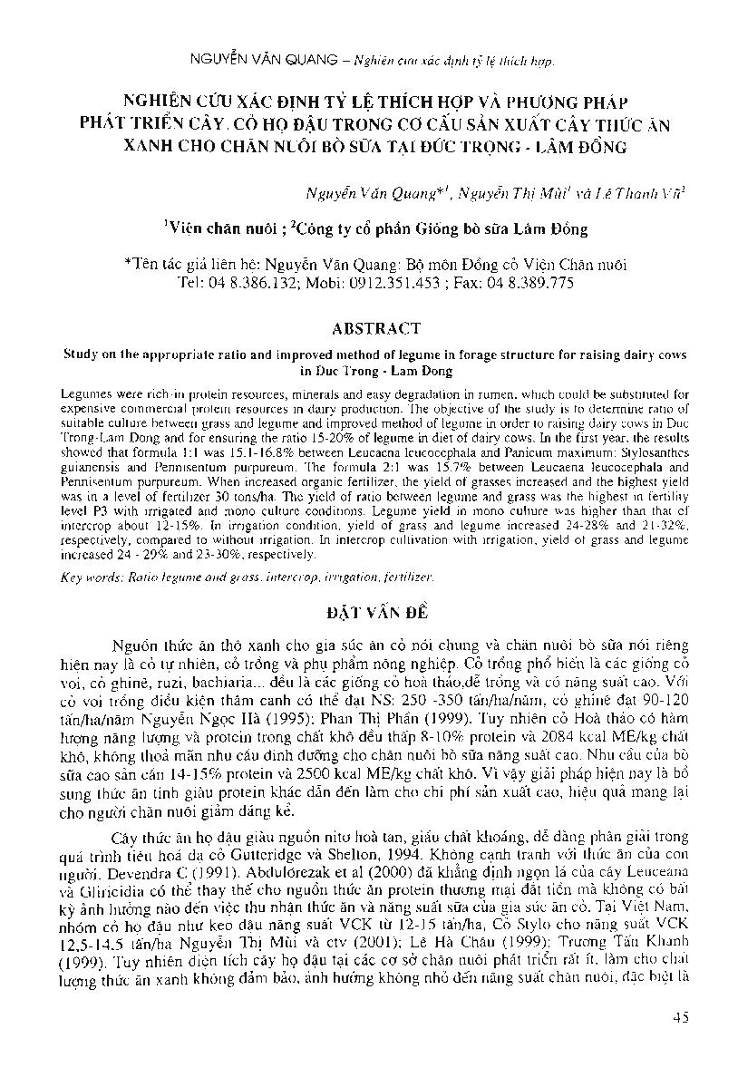 Nghiên cứu xác định tỷ lệ thích hợp và phương pháp phát triển cây, cỏ họ đậu trong cơ cấu sản xuất cây thức ăn xanh cho chăn nuôi bò sữa tại Đức Trọng, Lâm Đồng