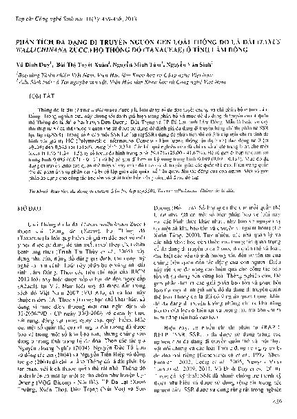 Phân tích đa dạng di truyền nguồn gen loài thông đỏ lá dài (Taxus wallichinaza Zucc.) họ thông đỏ (Taxaceae) ở tỉnh Lâm Đồng