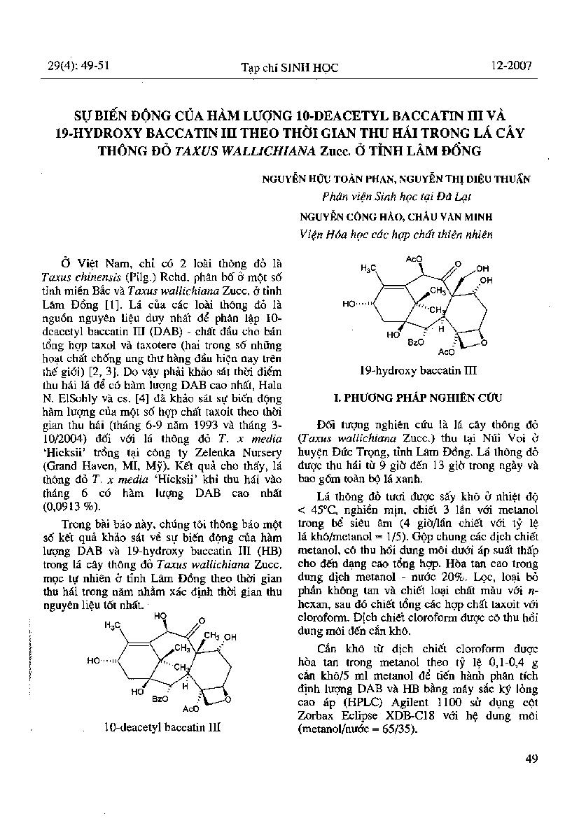 Sự biến động của hàm lượng 10 - deacetyl baccatin III và 19 - hydroxy baccatin III theo thời gian thu hái trong lá cây thông đỏ Taxus wallichiana Zucc. ở tỉnh Lâm Đồng