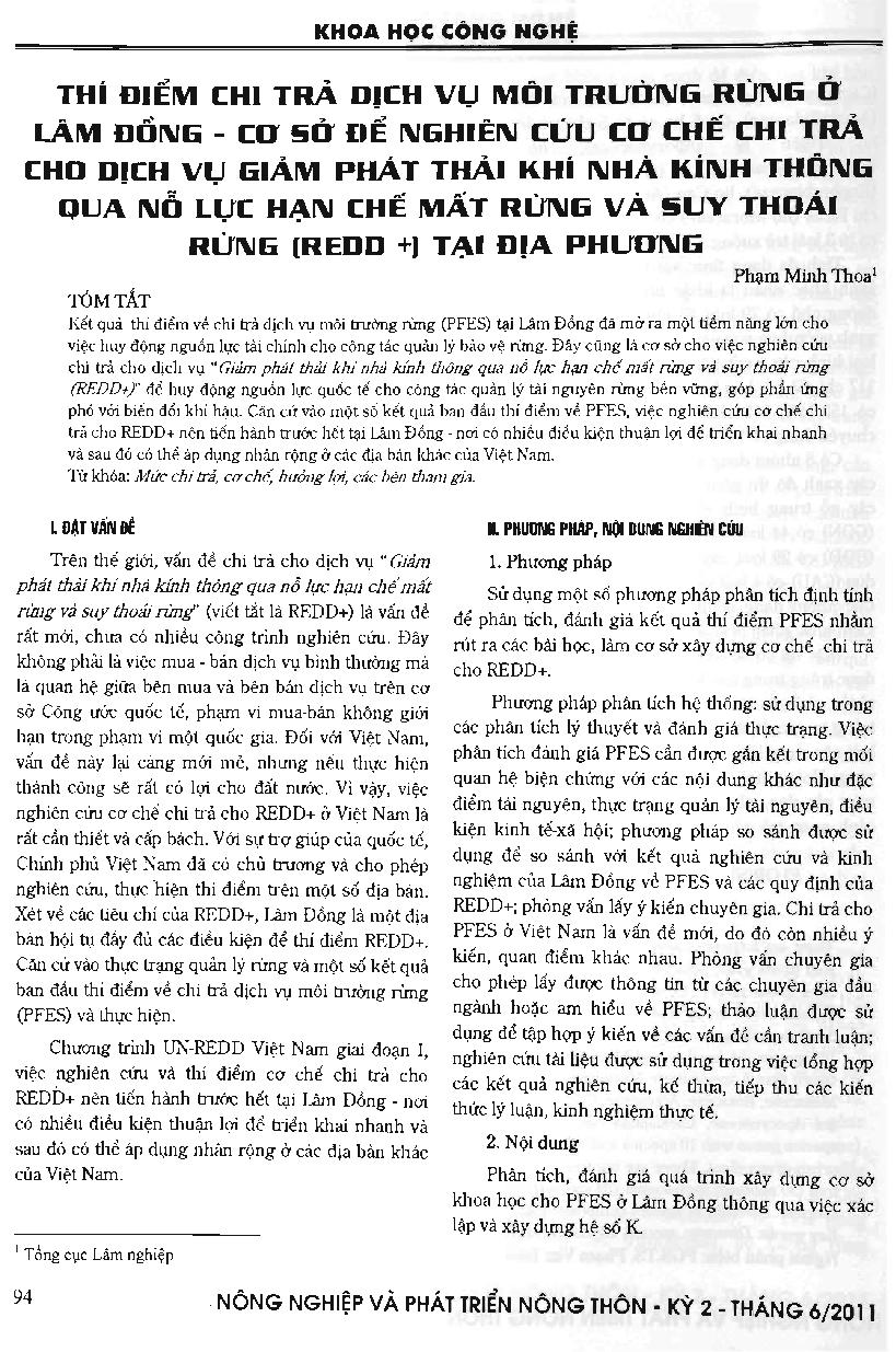 Thí điểm chi trả dịch vụ môi trường rừng ở Lâm Đồng - cơ sở để nghiên cứu cơ chế chi trả cho dịch vụ giảm phát thải khí nhà kính thông qua nỗ lực hạn chế mất rừng và suy thoái rừng (REED +) tại địa phương