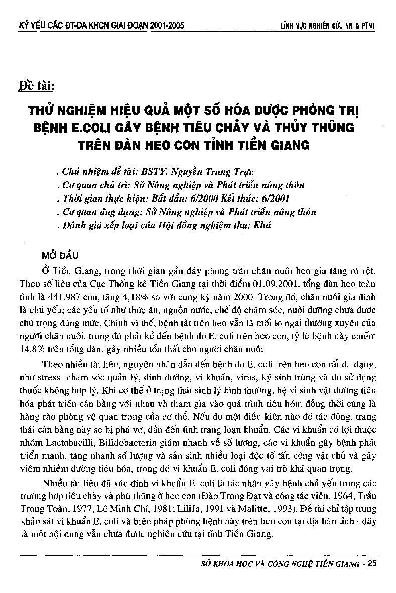 Thử nghiệm hiệu quả một số hoá dược phòng trị bệnh Escherichia coli gây bệnh tiêu chảy và thuỷ thũng trên đàn heo con tỉnh Tiền Giang