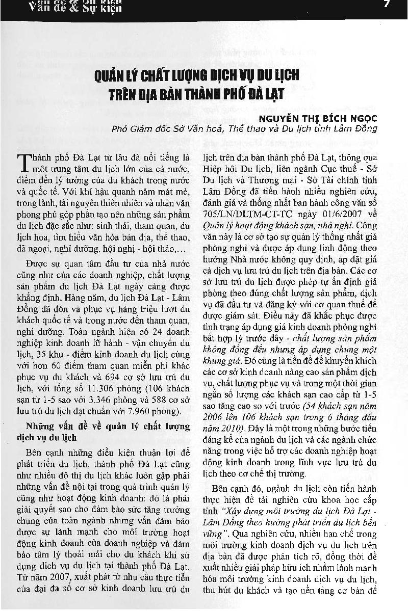 Quản lý chất lượng dịch vụ du lịch trên địa bàn thành phố Đà Lạt