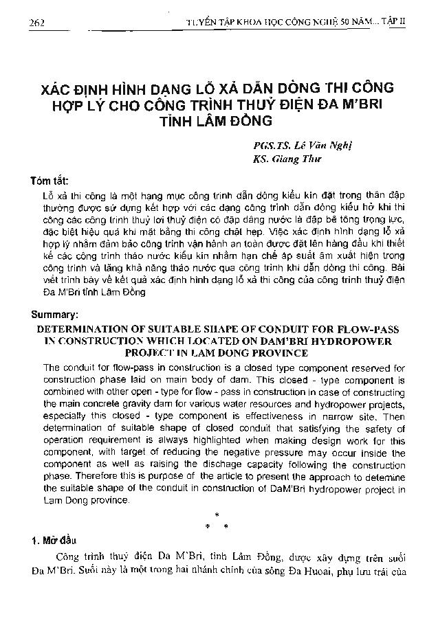 Xác định hình dạnh lỗ xả dẫn dòng thi công hợp lý cho công trình thuỷ điện Đa M'BRI tỉnh Lâm Đồng