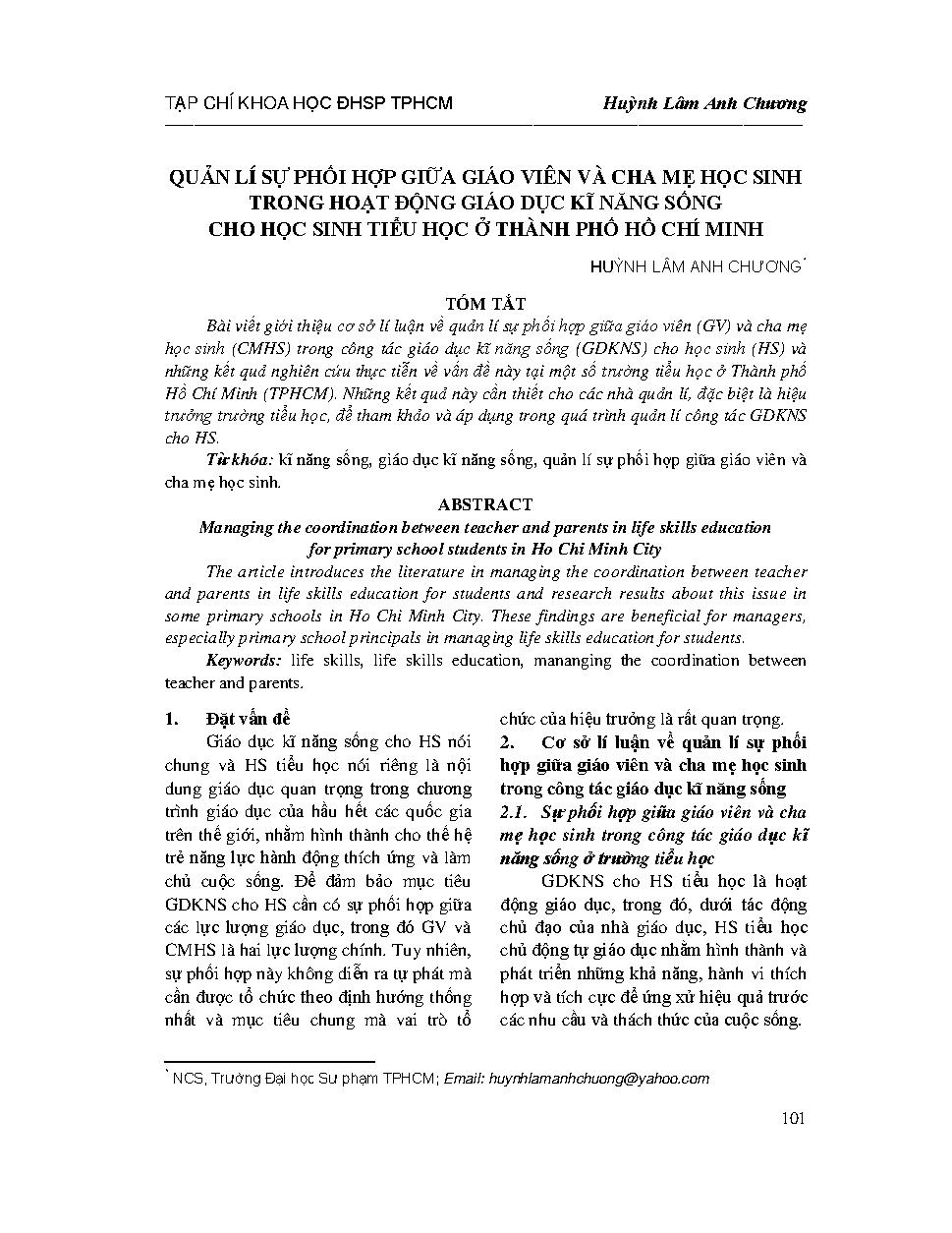 Quản lí sự phối hợp giữa giáo viên và cha mẹ học sinh trong hoạt động giáo dục kỹ năng sống