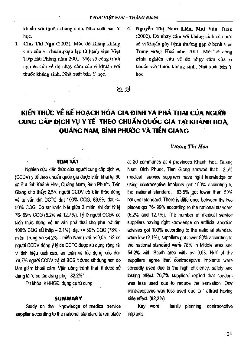 Kiến thức về kế hoạch hoá gia đình và phá thai của người cung cấp dịch vụ y tế theo chuẩn quốc gia tại Khánh Hòa, Quảng Nam, Bình Phước và Tiền Giang