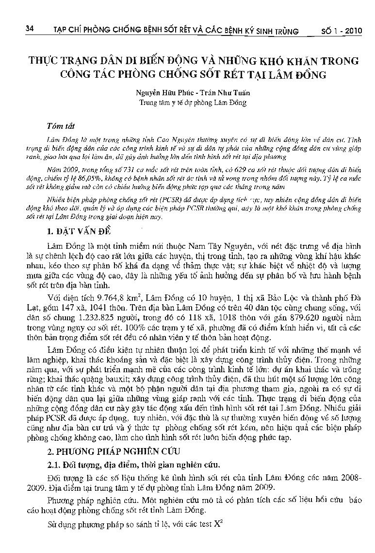 Thực trạng dân di biến động và những khó khăn trong công tác phòng chống sốt rét tại Lâm Đồng