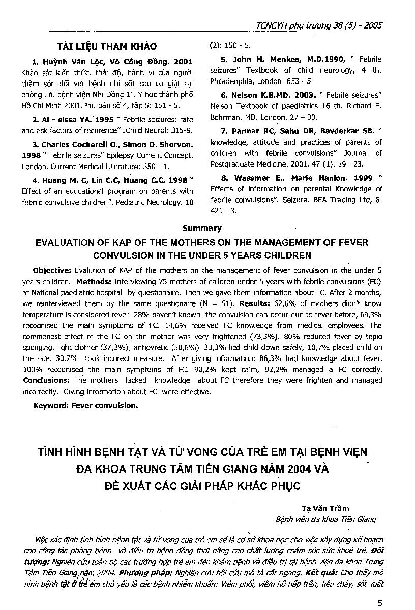 Tình hình bệnh tật và tử vong của tre em tại Bệnh viện đa khoa trung tâm Tiền Giang năm 2004 và đề xuất các giải pháp khắc phục