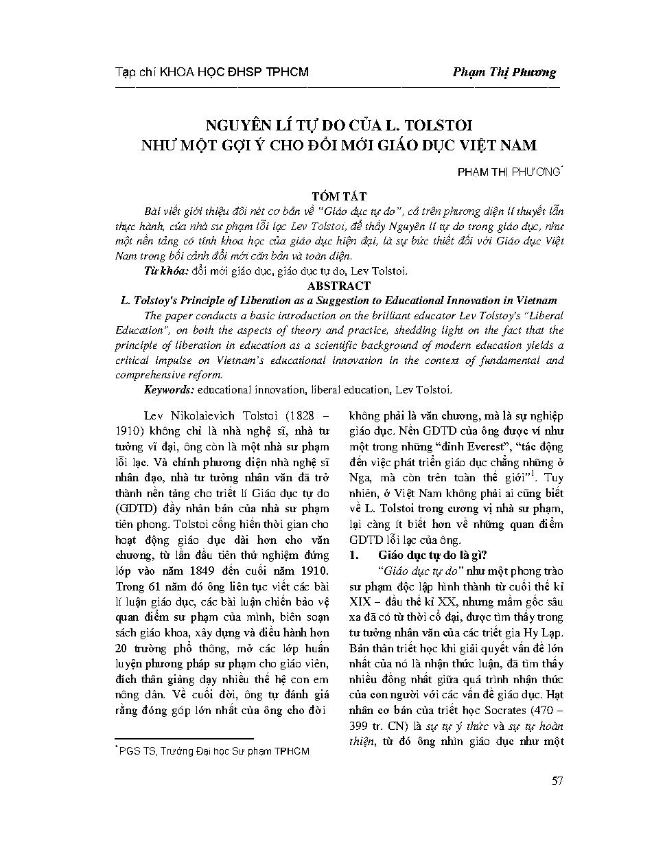 Nguyên lý tự do của L.Tolstoi như một gợi ý cho đổi mới giáo dục Việt Nam