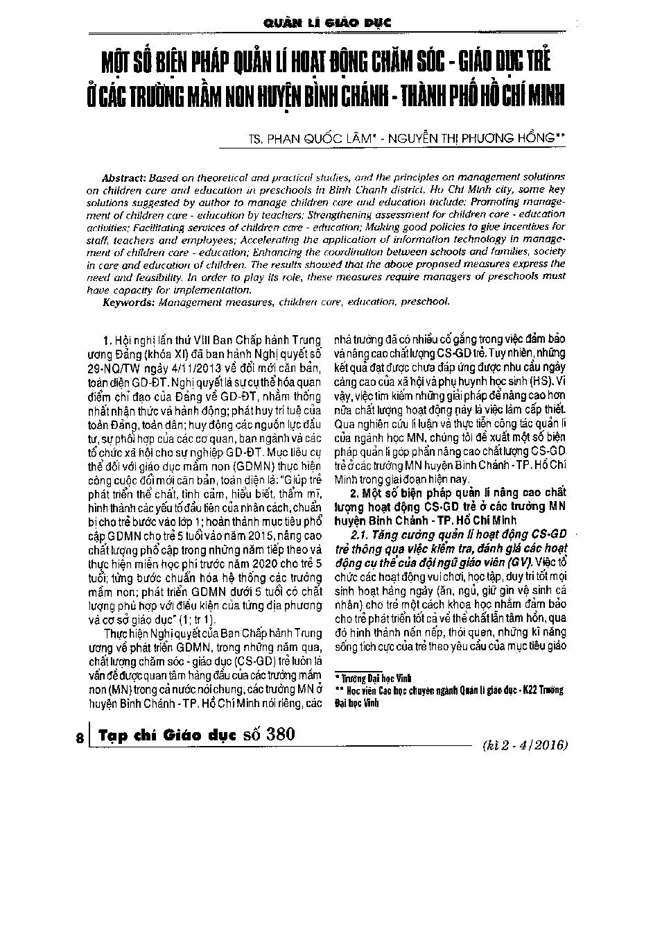 Một số biện pháp quản lí hoạt động chăm sóc - giáo dục trẻ ở các trường mầm non huyện Bình Chánh - thành phố Hồ Chí Minh