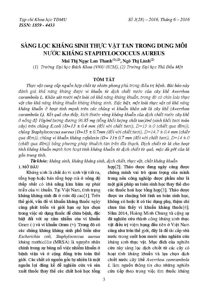 Sàng lọc kháng sinh thực vật tan trong dung môi nước kháng staphylococcus aureus