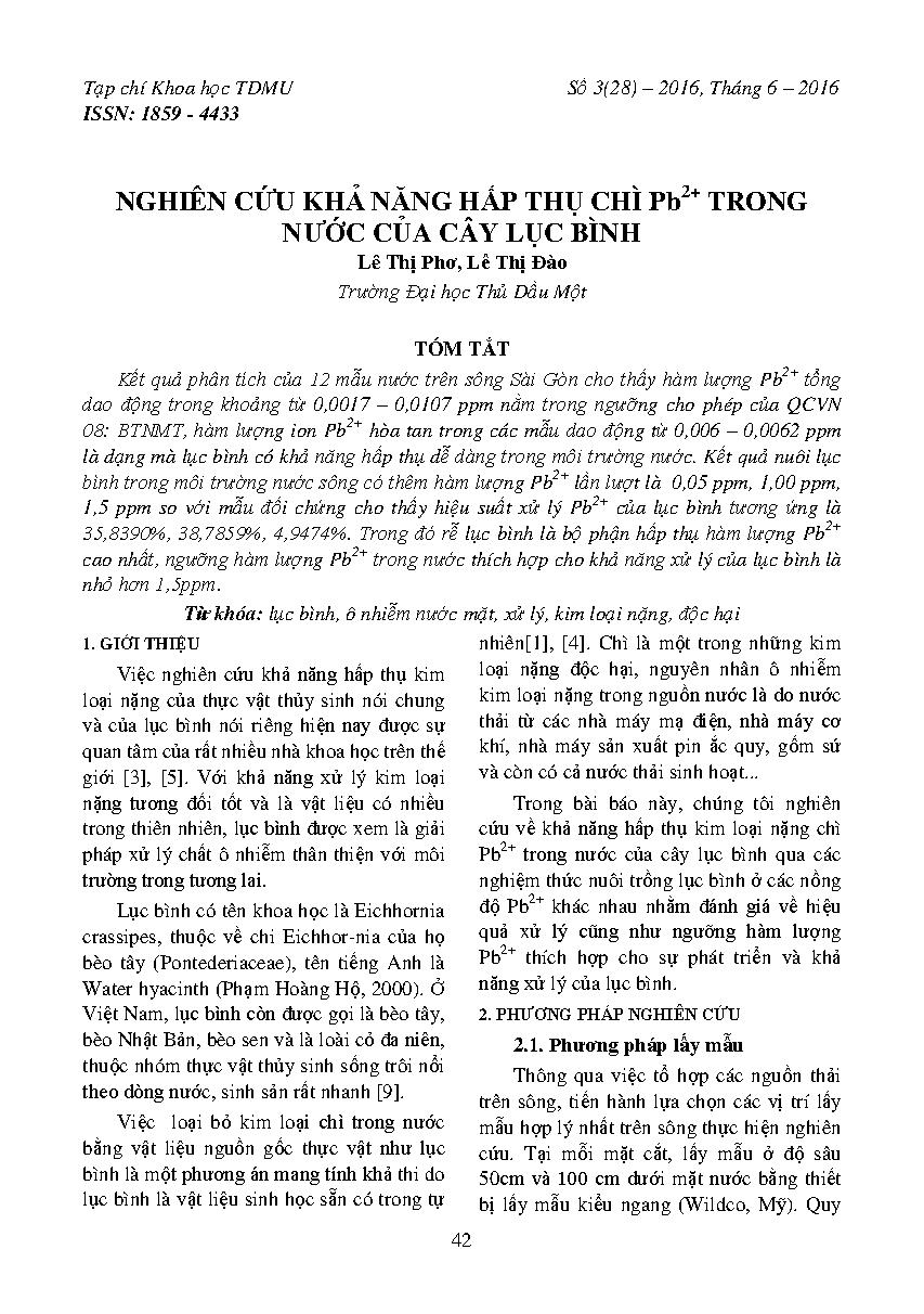 Nghiên cứu khả năng hấp thụ chì Pb2+ trong nước của cây lục bình