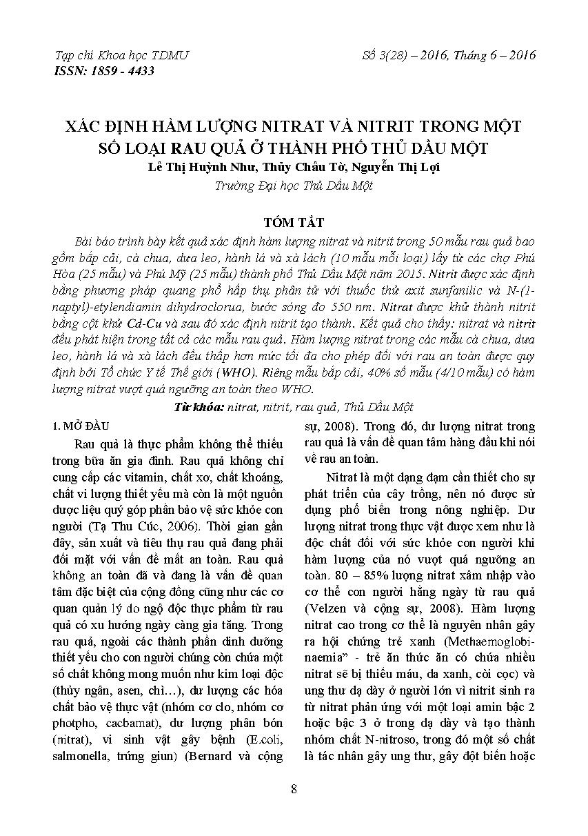 Xác định hàm lượng nitrat và nitrit trong một số loại rau quả ở thành phố Thủ Dầu Một