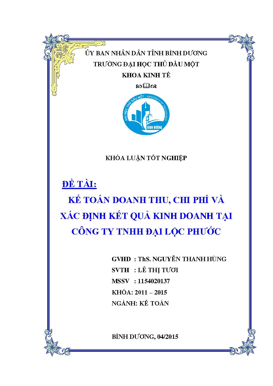 Kế toán doanh thu, chi phí và xác định kết quả kinh doanh tại Công ty TNHH Đại Lộc Phước