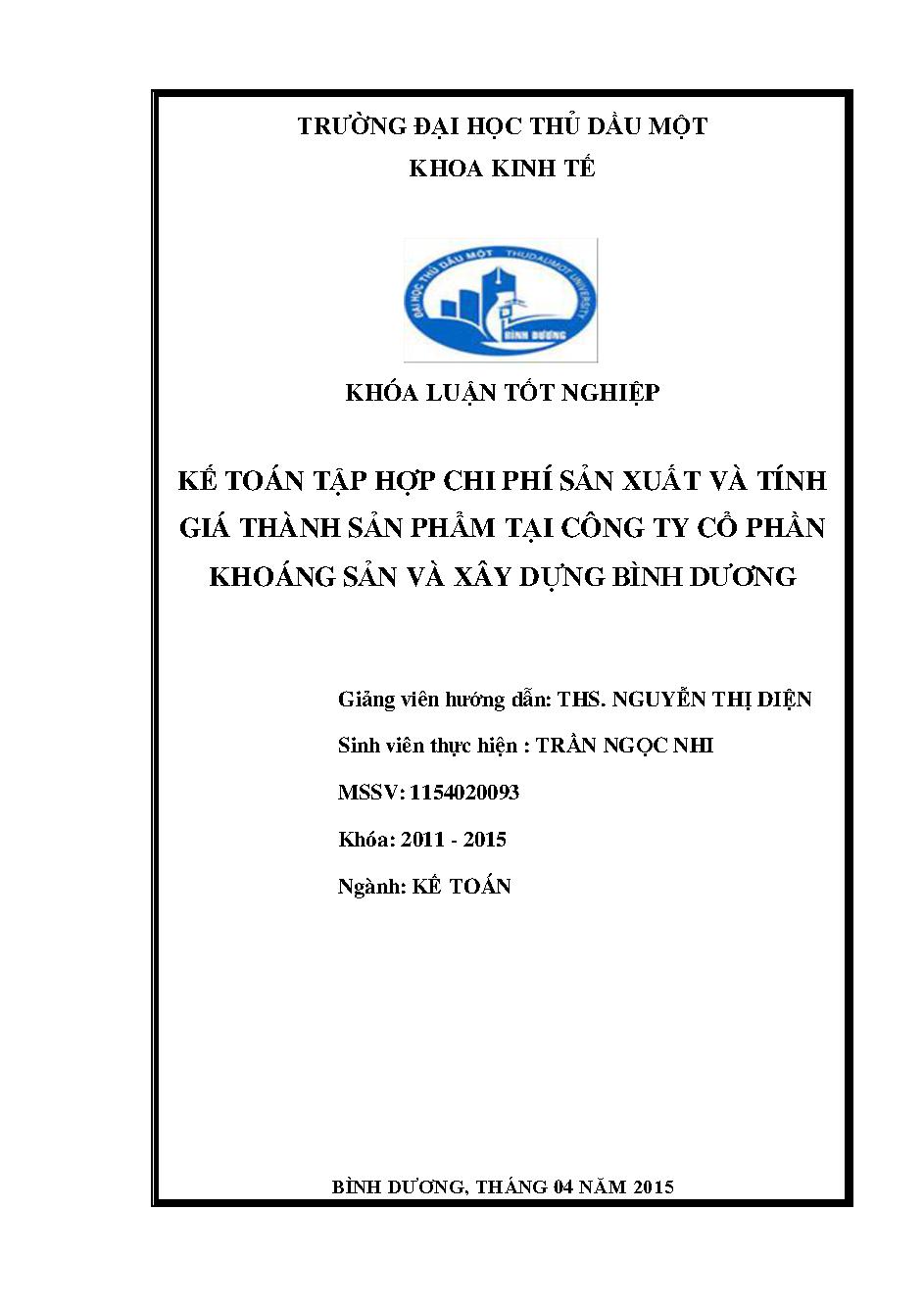 Kế toán tập hợp chi phí sản xuất và tính giá thành sản phẩm tại Công ty Cổ phần Khoáng sản và Xây dựng Bình Dương