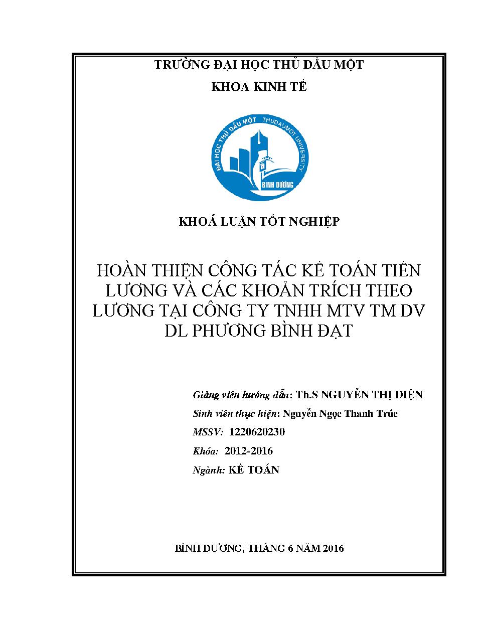 Hoàn thiện công tác kế toán tiền lương và các khoản trích theo lương tại Công ty TNHH TMDV DL Phương Bình Đạt