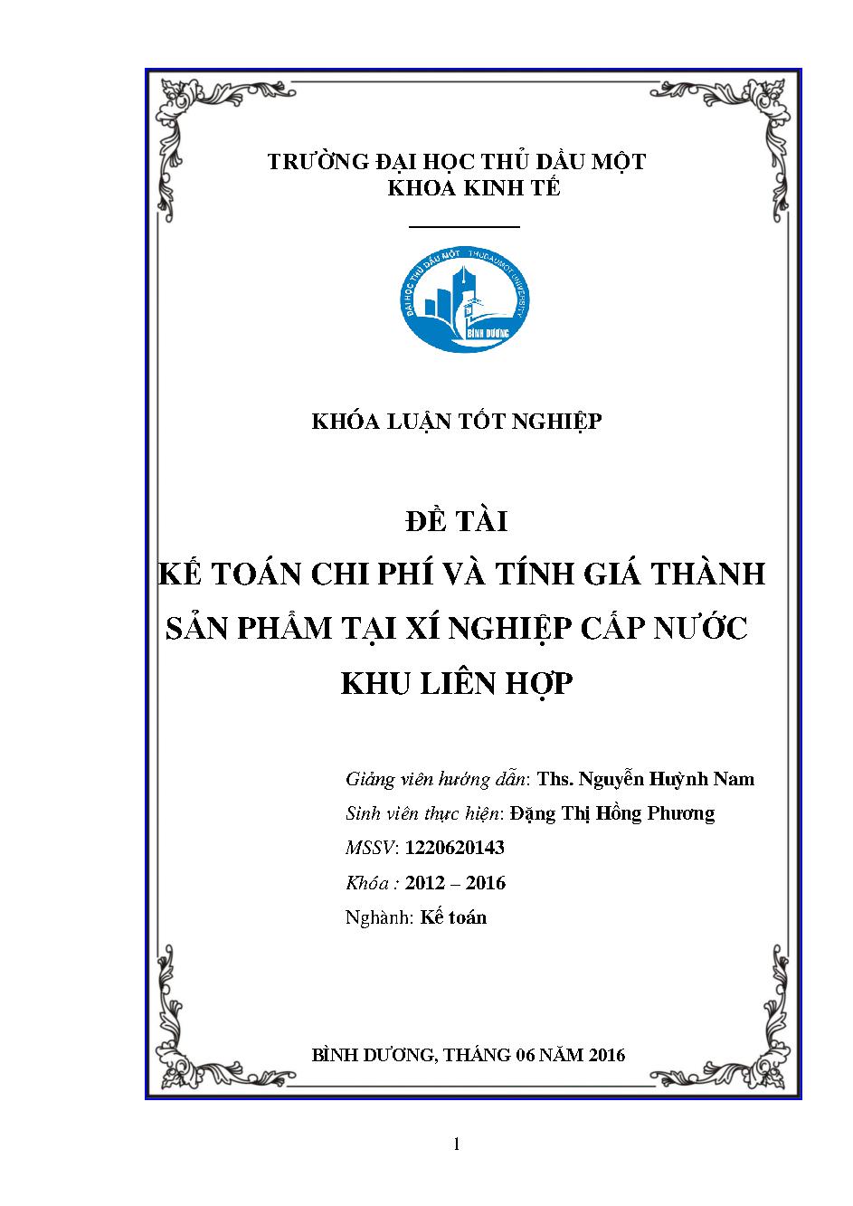 Kế toán chi phí sản xuất và tính giá thành sản phẩm tại Xí nghiệp cấp nước Khu Liên Hợp