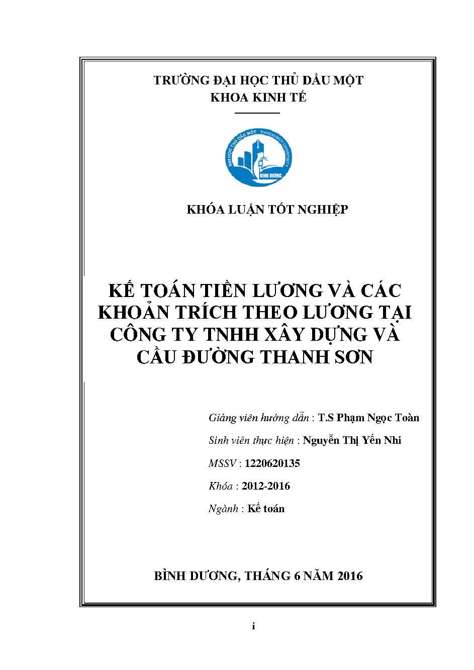 Công tác kế toán tiền lương và các khoản trích theo lương tại Công ty TNHH Xây dựng và Cầu đường Thanh Sơn