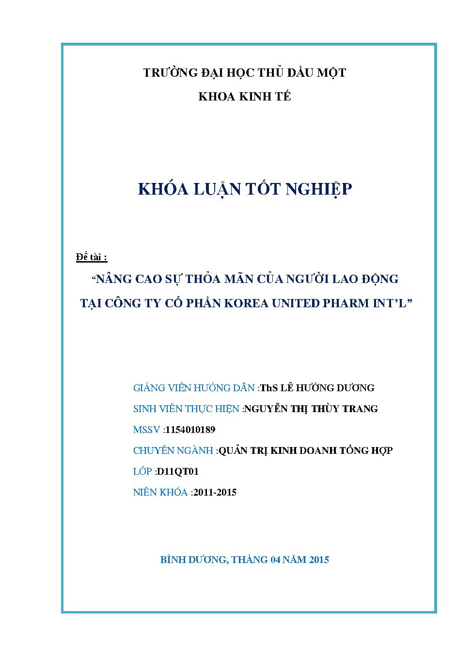 Nâng cao sự thõa mãn của người lao động tại Công ty Cổ phần Korea United Pharm Int'l