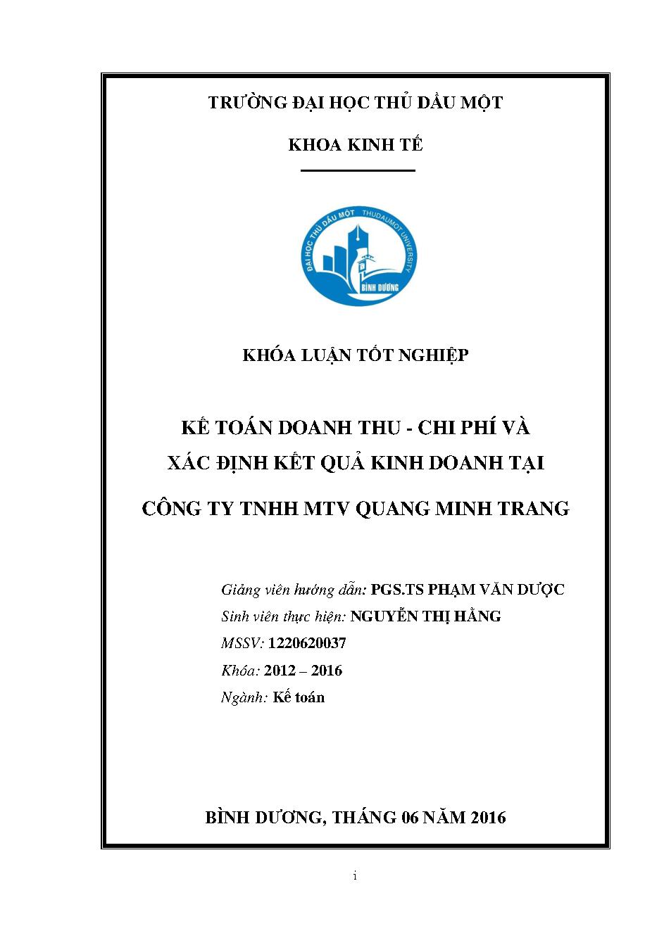 Kế toán doanh thu, chi phí và xác định kết quả kinh doanh tại Công ty TNHH MTV Quang Minh Trang