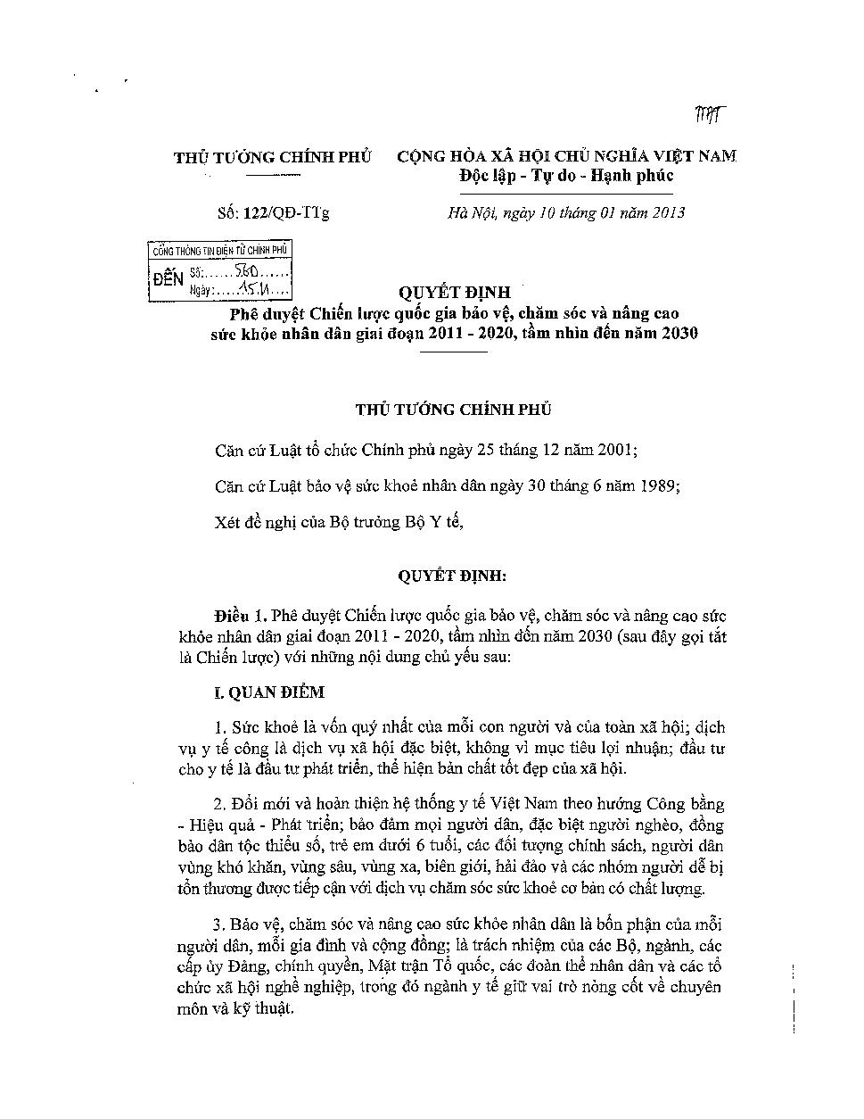 Quyết định Phê duyệt Chiến lược quốc gia bảo vệ, chăm sóc và nâng cao sức khỏe nhân dân giai đoạn 2011 - 2020, tầm nhìn đến năm 2030