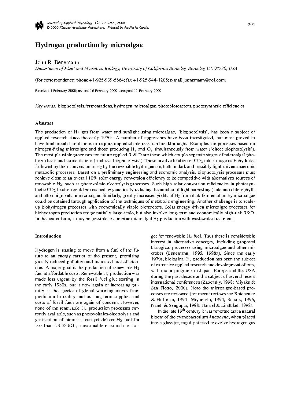 Hydrogen production by microalgae