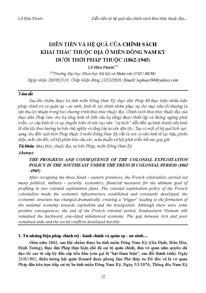 Diễn tiến và hệ quả của chính sách khai thác thuộc địa ở Miền Đông Nam kỳ dưới thời Pháp thuộc