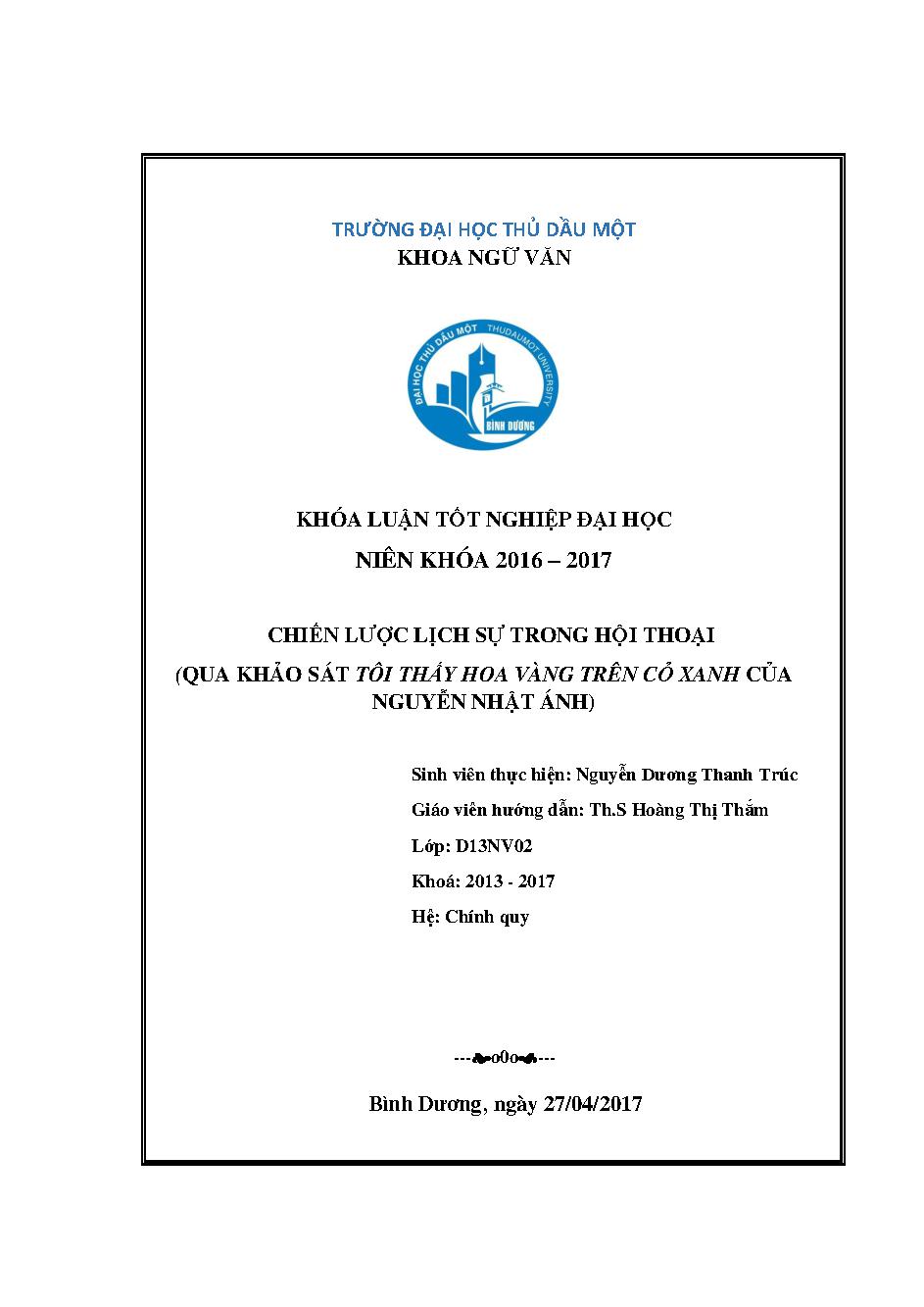 Chiến lược lịch sự trong hội thoại :$bQua khảo sát Tôi thấy hoa vàng trên cỏ xanh của Nguyễn Nhật Ánh