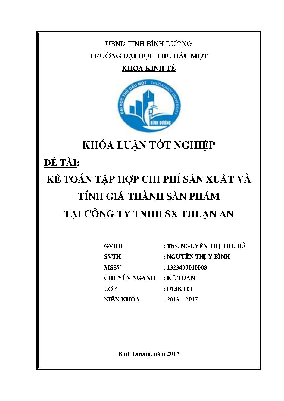 Kế toán tập hợp chi phí sản xuất và tính giá thành sản phẩm tại Công ty TNHH SX Thuận An