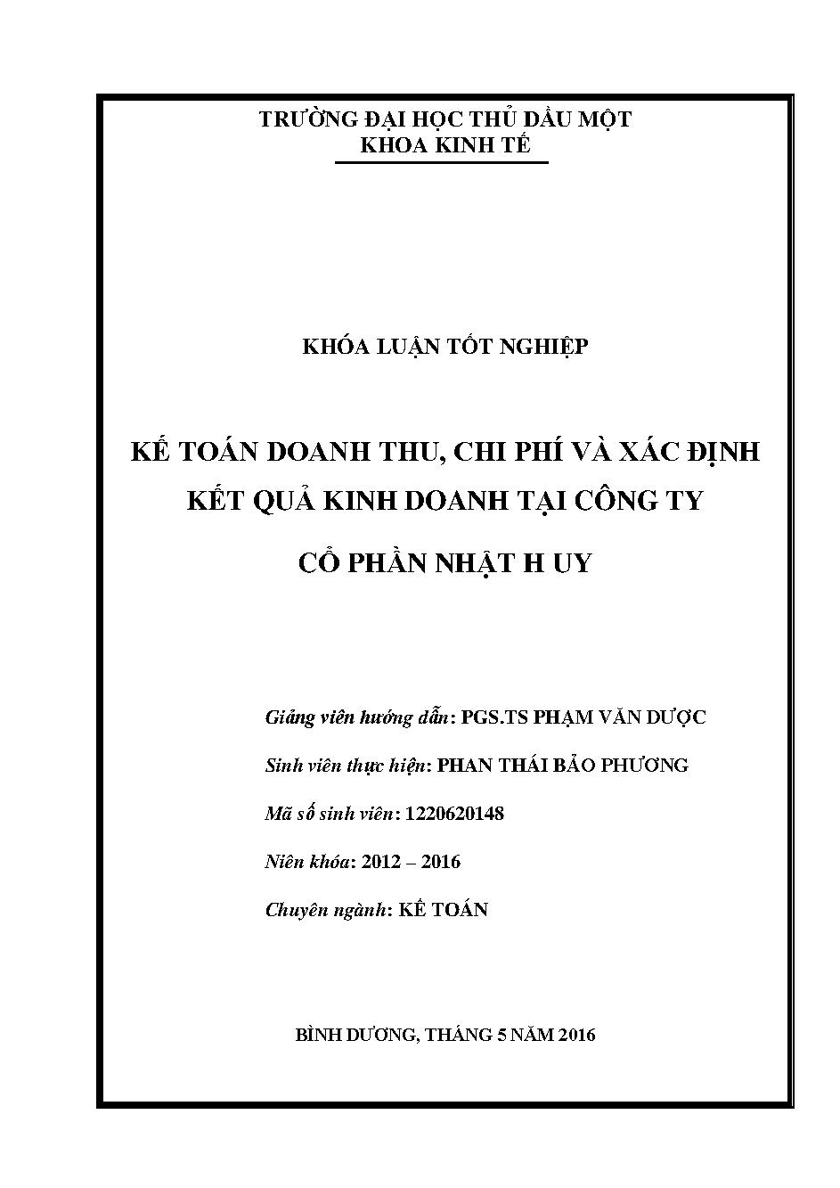 Kế toán doanh thu, chi phí và xác định kết quả hoạt động kinh doanh tại Công ty Cổ phần Nhật Huy