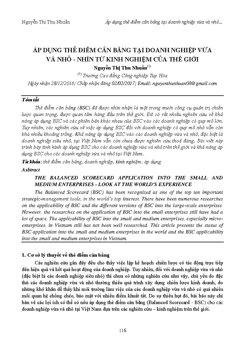 Áp dụng thẻ điểm cân bằng tại doanh nghiệp nhỏ và vừa - nhìn từ kinh nghiệm của thế giới