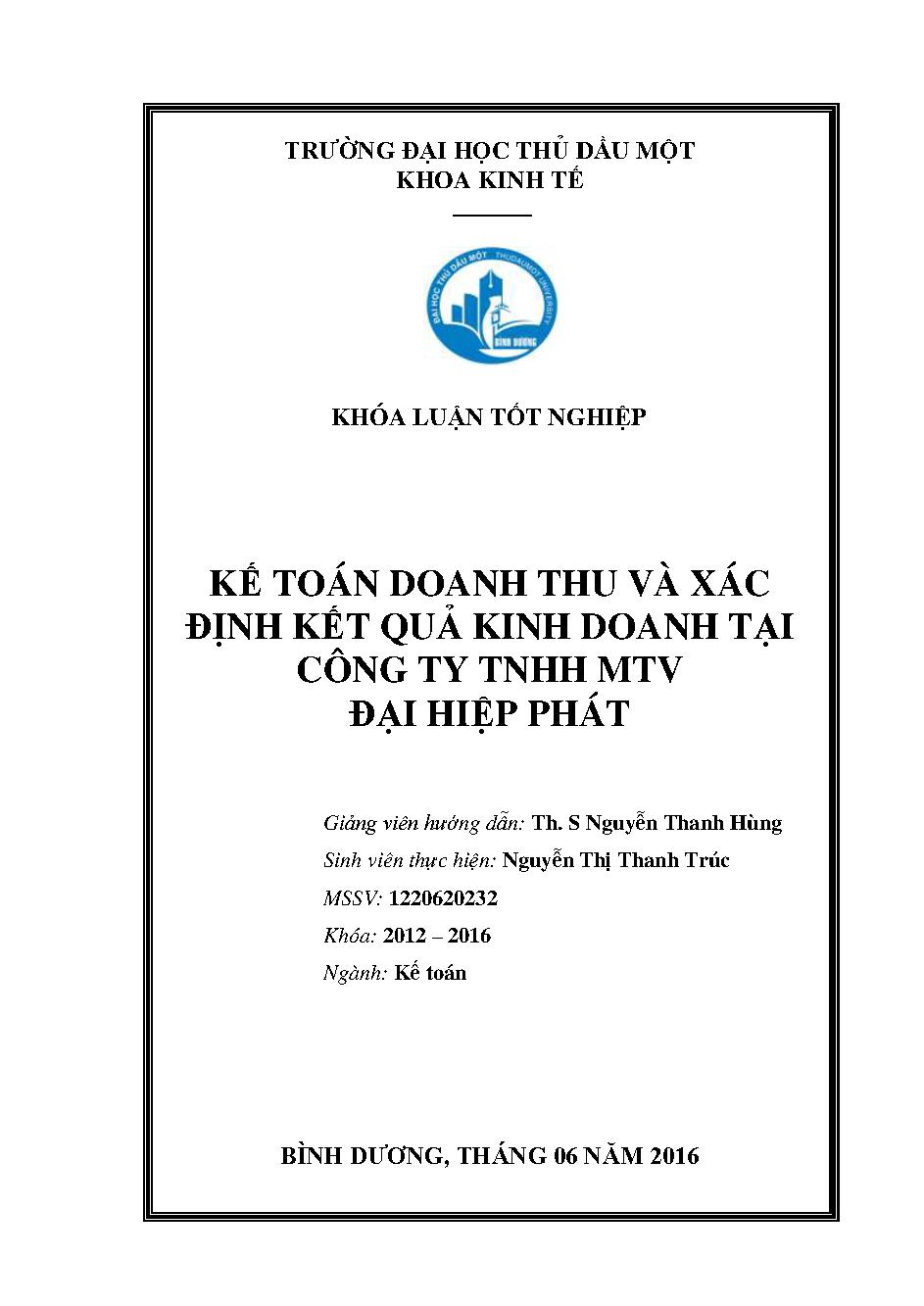 Kế toán tiêu thụ và xác định kết quả kinh doanh tại Công ty TNHH MTV Đại Hiệp Phát