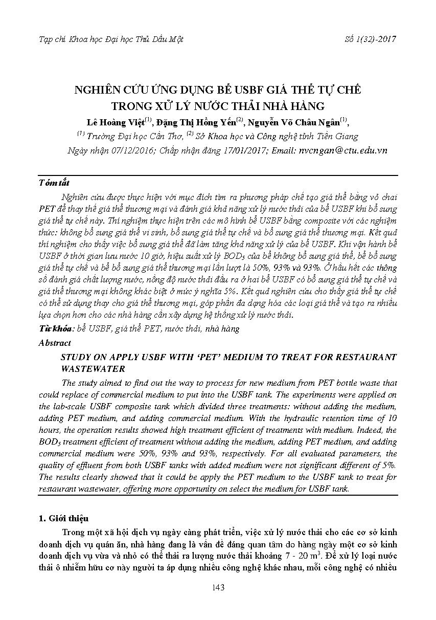 Nghiên cứu ứng dụng bể USBF giá thể tự chế trong xử lý nước thải nhà hàng