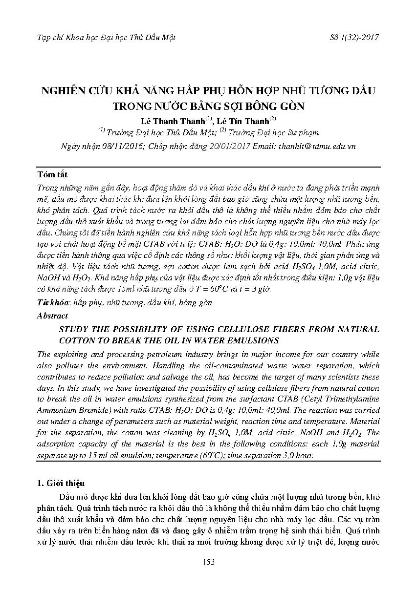 Nghiên cứu khả năng hấp phụ hỗn hợp nhũ tương dầu trong nước bằng sợi bông gòn