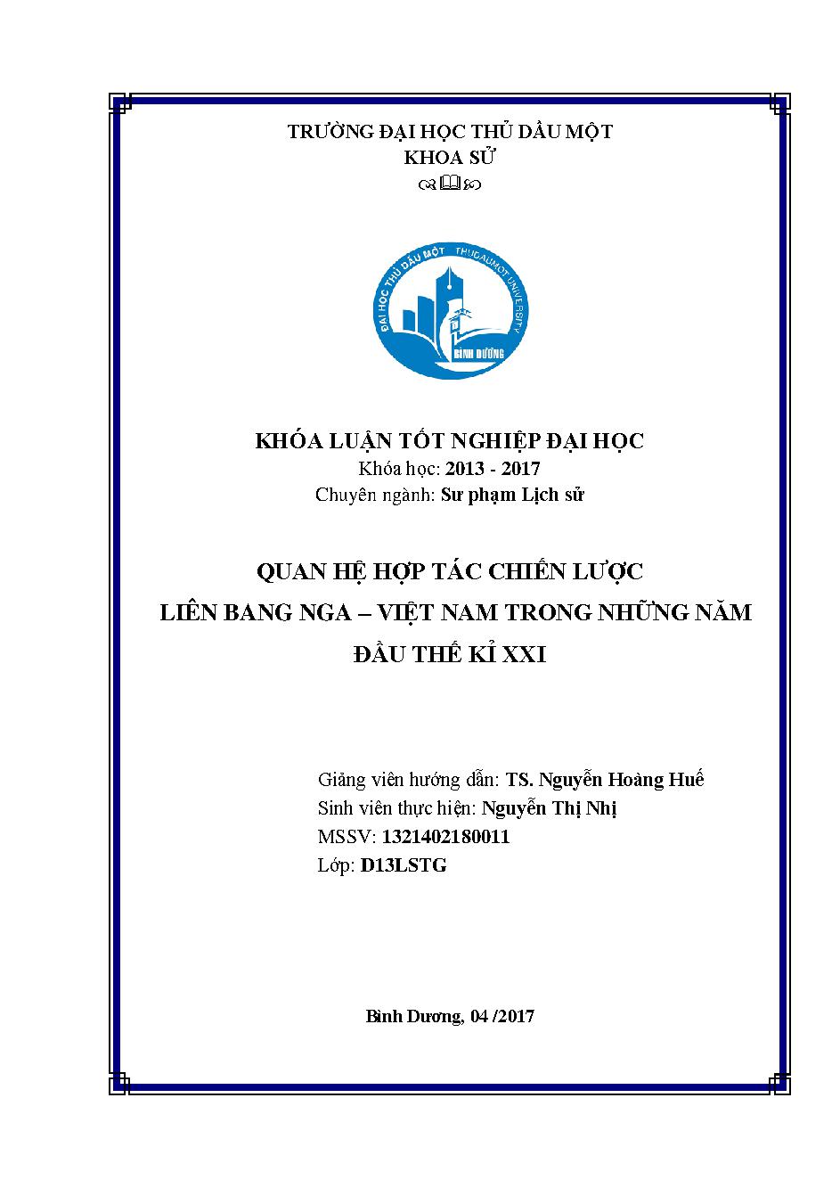 Quan hệ hợp tác chiến lược Liên Bang Nga - Việt Nam trong những năm đầu thế kỉ XXI