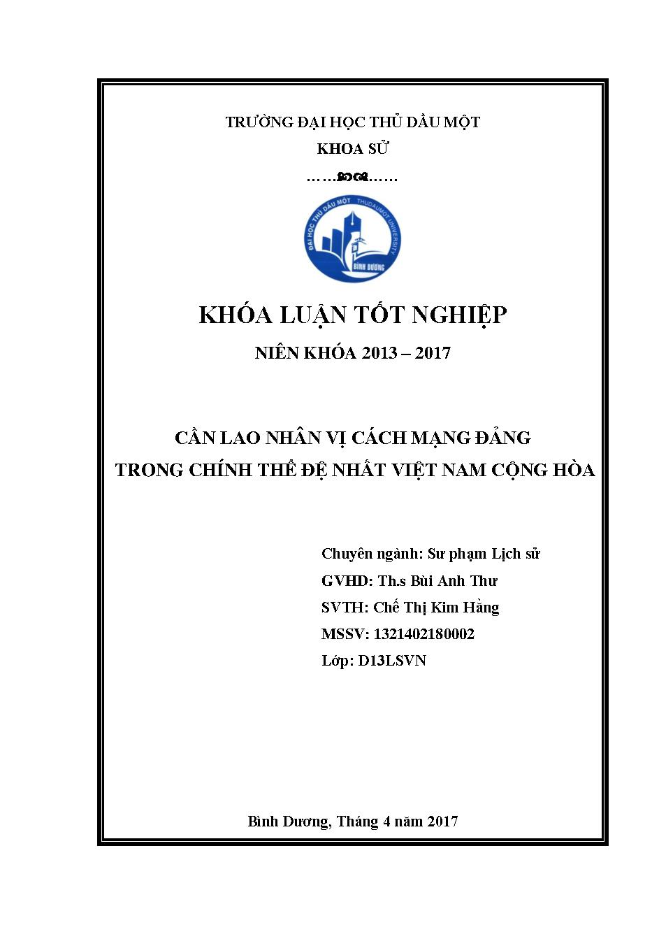 Cần lao nhân vị Cách mạng Đảng trong chính thể đệ nhất Việt Nam Cộng hòa