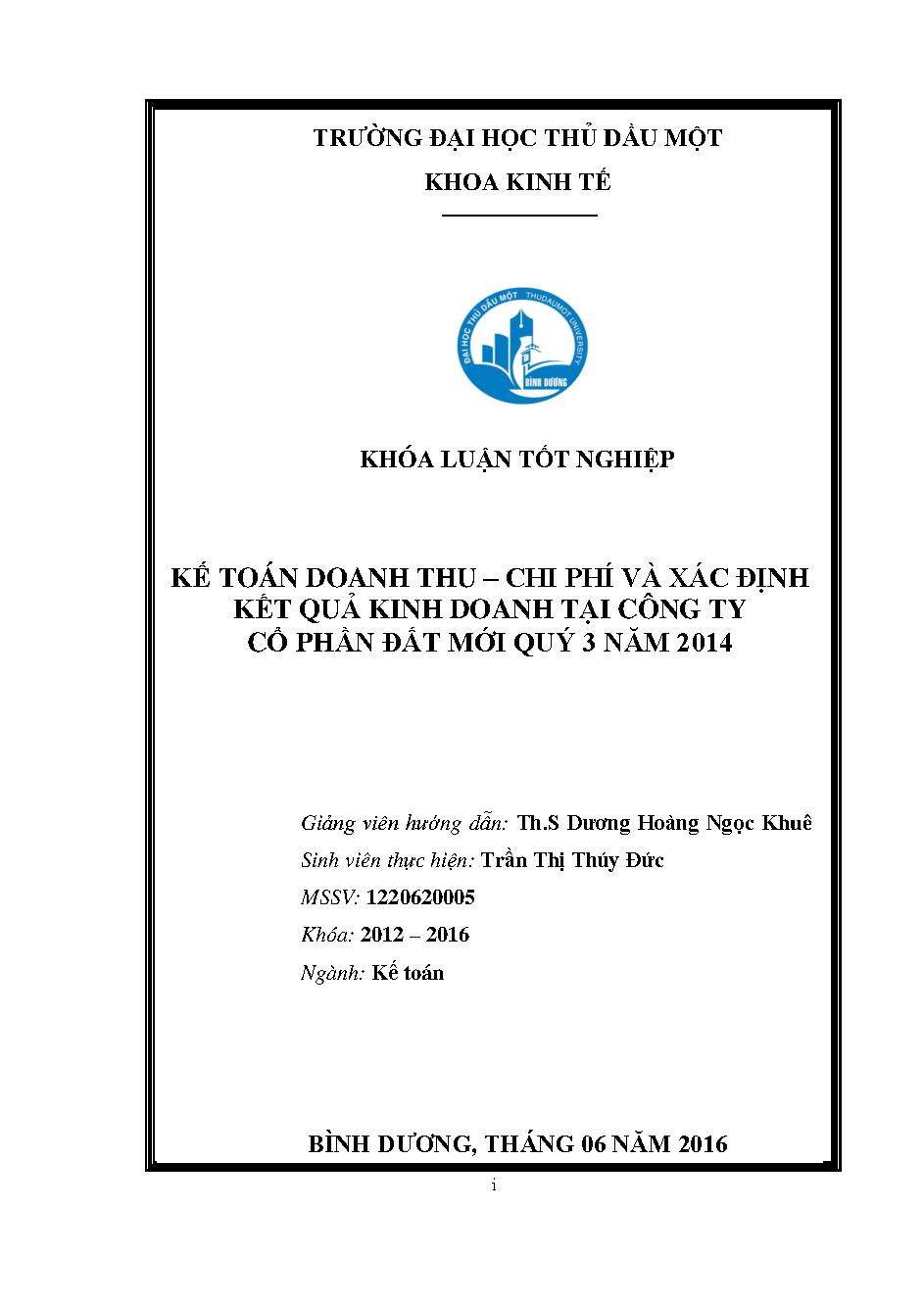 Kế toán doanh thu, chi phí và xác định kết quả kinh doanh tại Công ty Cổ phần Đất Mới quý 3 năm 2014