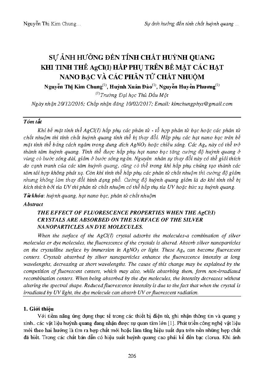 Sự ảnh hưởng đến tính chất huỳnh quang khi tinh thể Agcl(I) hấp phụ trên bề mặt các hạt nano bạc và các phân tử chất nhuộm