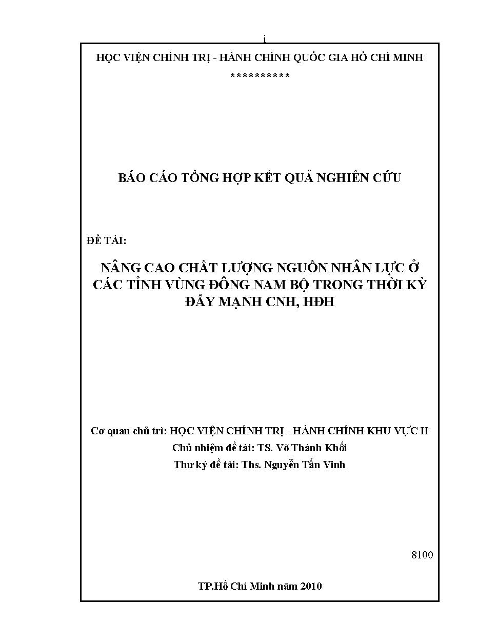 Nâng cao chất lượng nguồn nhân lực ở các tỉnh vùng Đông Nam Bộ trong thời kỳ đẩy mạnh công nghiệp hóa, hiện đại hóa