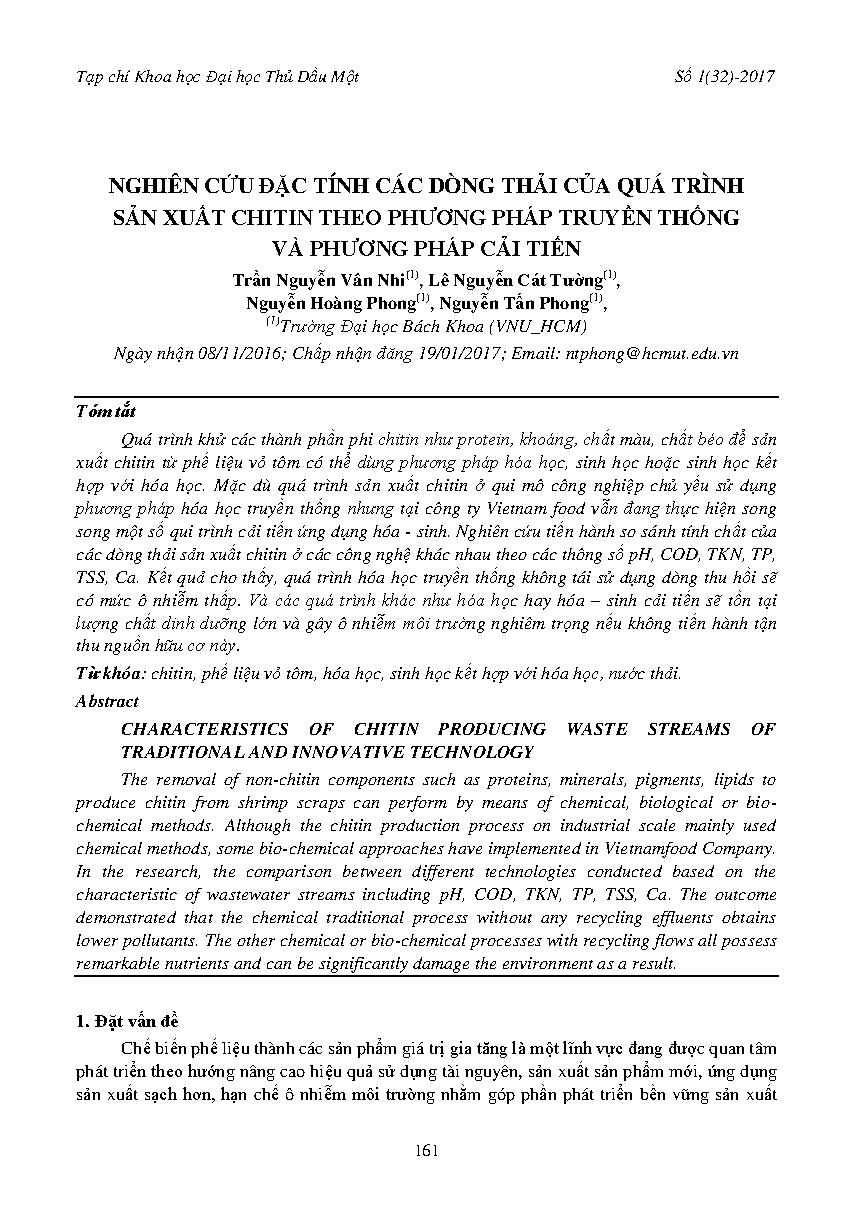 Nghiên cứu các dòng thải của quá trình sản xuất chitin theo phương pháp truyền thống và phương pháp cải tiến