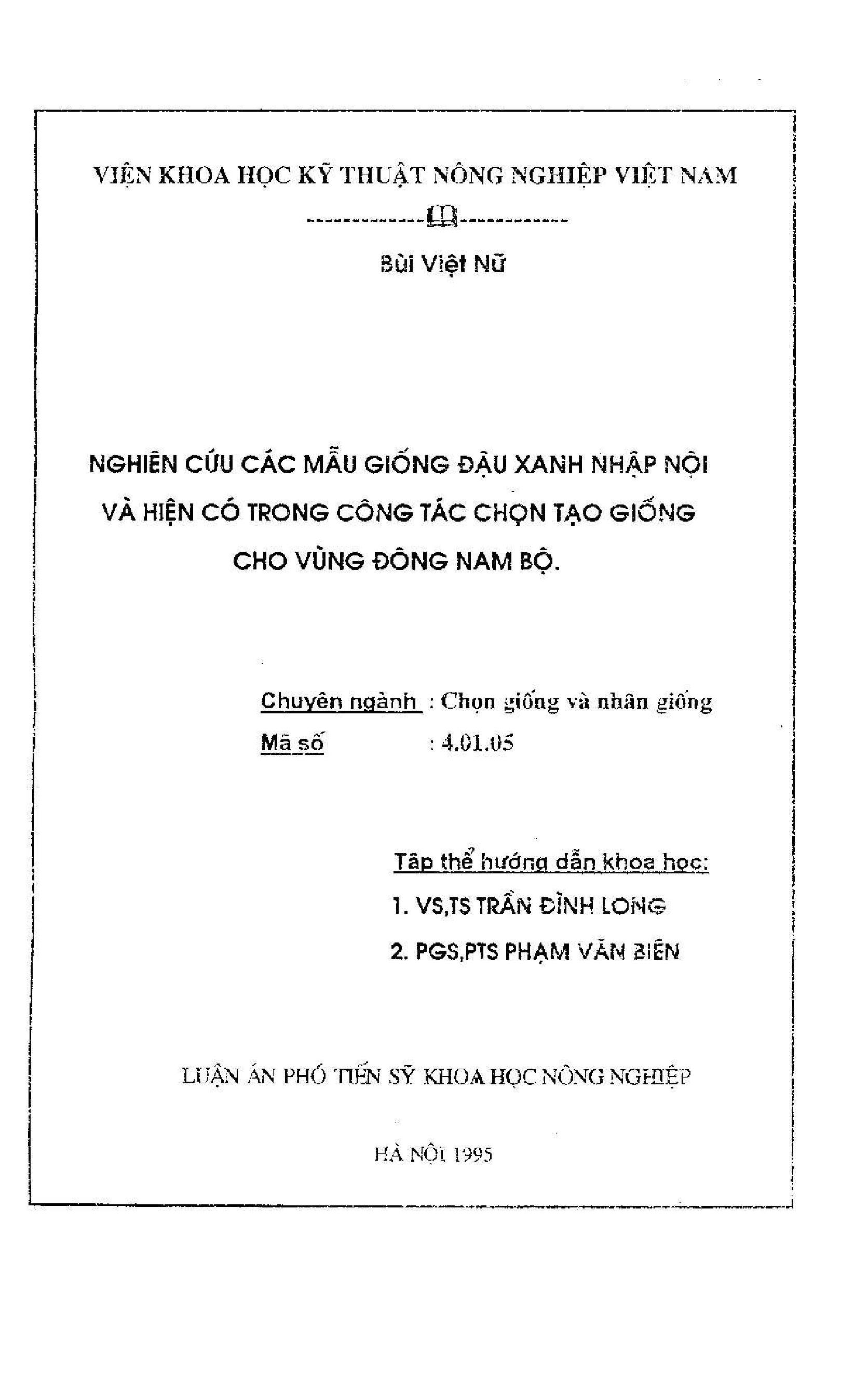 Nghiên cứu các mẫu giống đậu xanh nhập nội và hiện có trong công tác chọn tạo giống