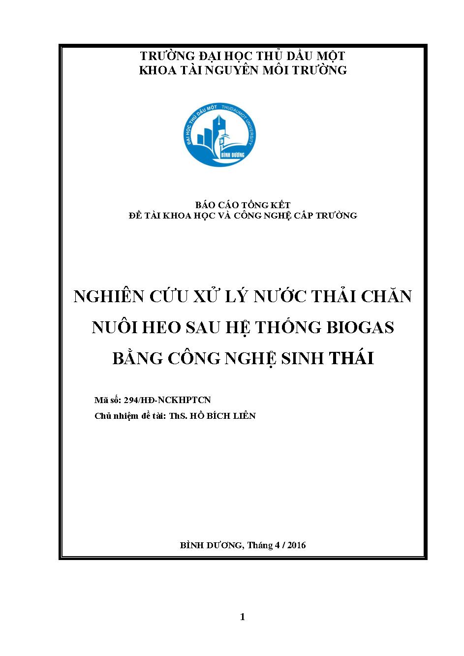 Nghiên cứu xử lý nước thải chăn nuôi heo sau hệ thống Biogas bằng công nghệ sinh thái