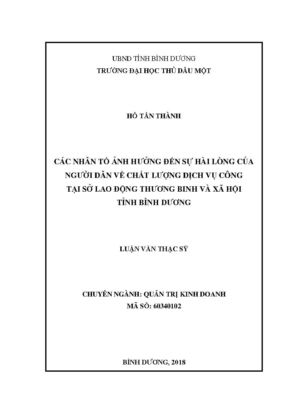 Các nhân tố ảnh hưởng đến sự hài lòng của người dân về chất lượng dịch vụ công tại sở Lao động thương binh và Xã hội tỉnh Bình Dương