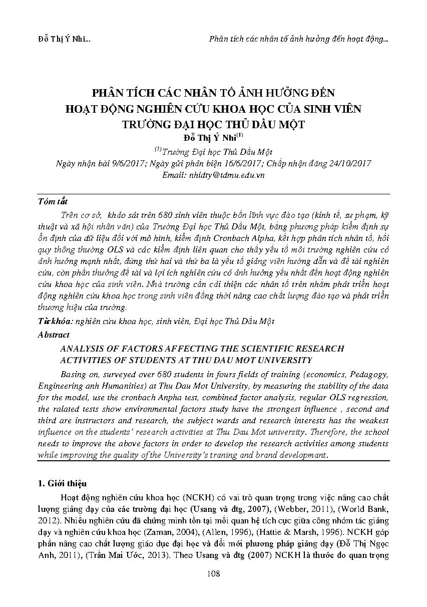 Phân tích các nhân tố ảnh hưởng đến hoạt động nghiên cứu khoa học của sinh viên trường đại học Thủ Dầu Một