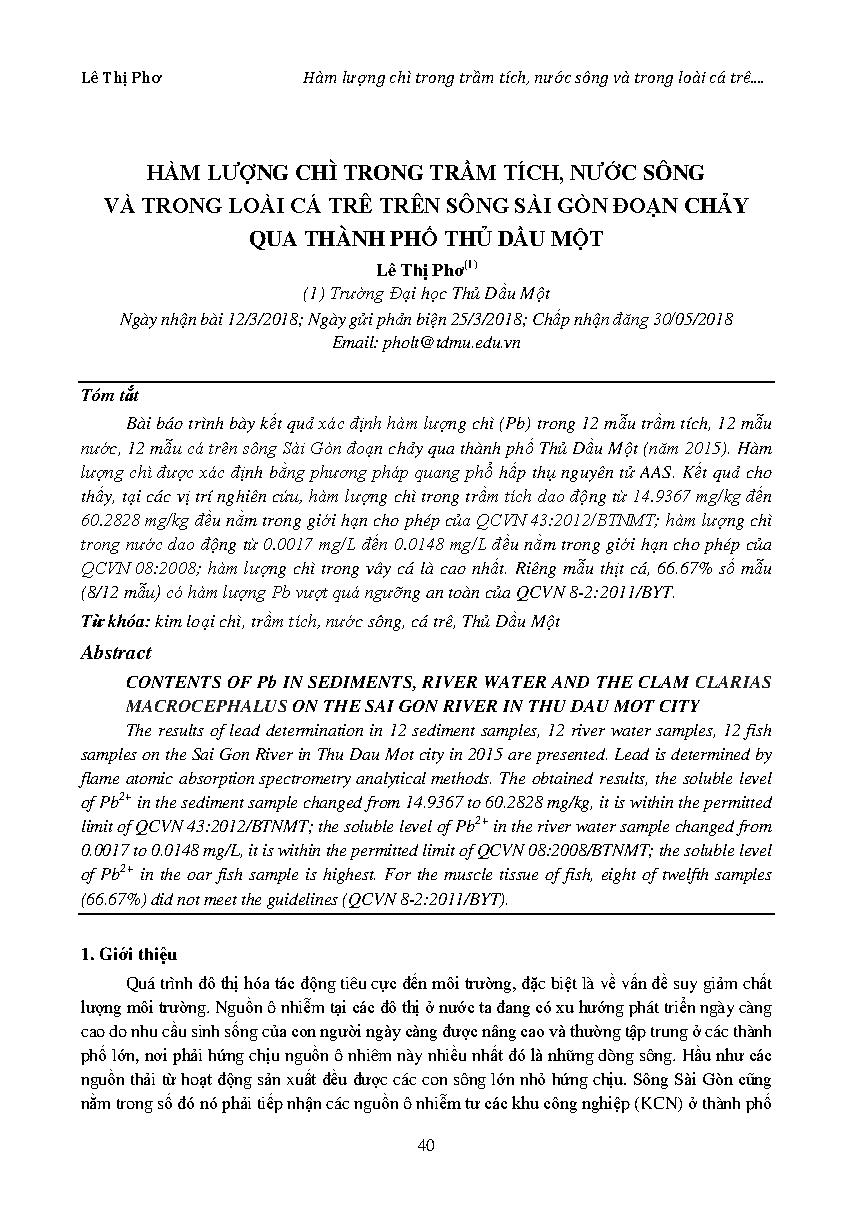 Hàm lượng chì trong trầm tích, nước sông và trong loài cá trê trên sông Sài Gòn đoạn chảy qua thành phố Thủ Dầu Một