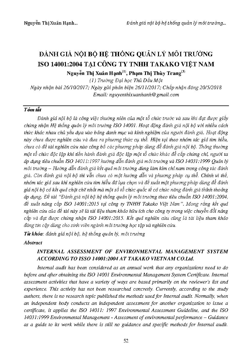 Đánh giá nội bộ hệ thống quản lý môi trường ISO 14001:2004 tại công ty TNHH Takako Việt Nam