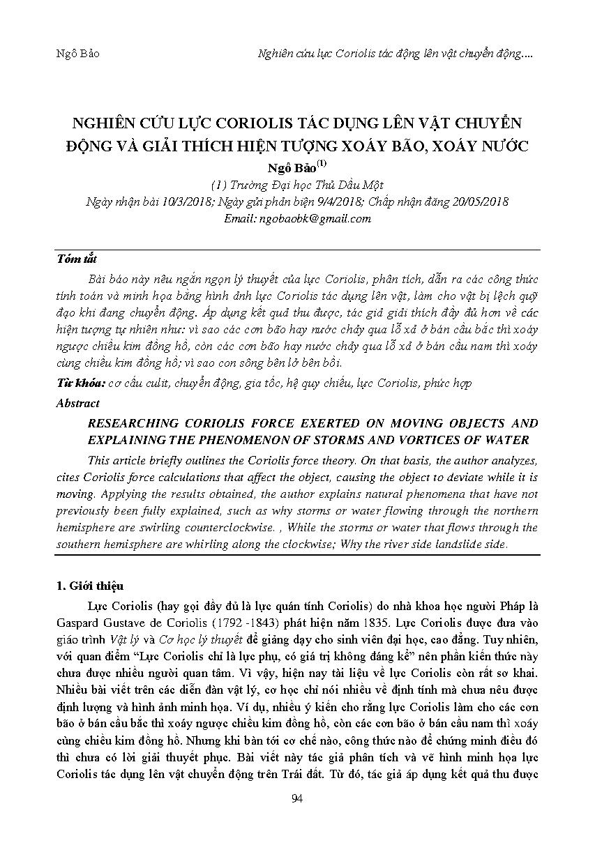 Nghiên cứu lực coriolis tác dụng lên vật chuyển động và giải thích hiện tượng xoáy bão, xoáy nước