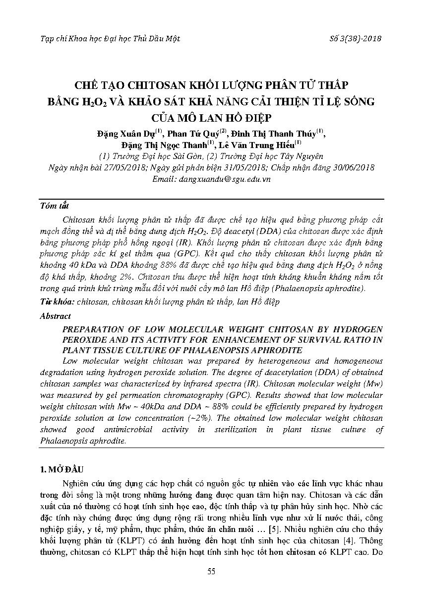 Chế tạo chitosan khối lượng phân tử thấp bằng H2O2 và khảo sát khả năng cải thiện tỉ lệ sống của mô lan hồ điệp