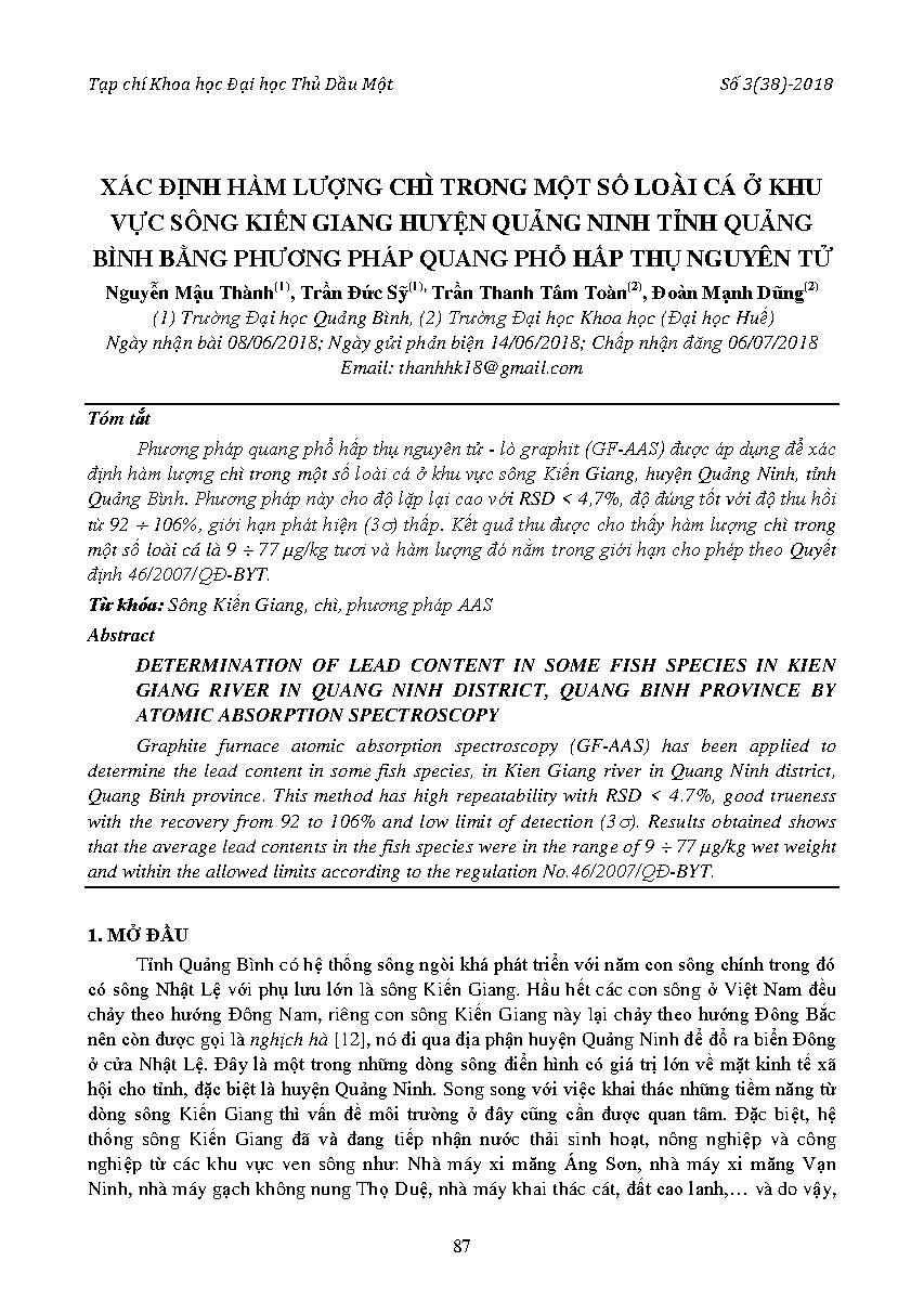 Xác định hàm lượng chì trong một số loài cá ở khu vực sông Kiến Giang huyện Quảng Ninh tỉnh Quảng Bình bằng phương pháp quang phổ hấp thụ nguyên tử