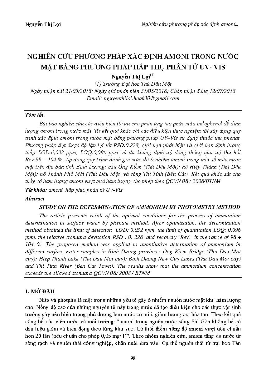 Nghiên cứu phương pháp xác định amoni trong nước mặt bằng phương pháp hấp thụ phân tử UV - VIS