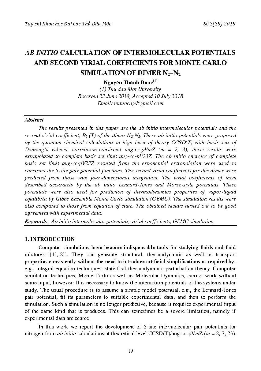 Ab innitio calculation of intermolecular potentials and second virial coefficients for monte carlo simulation of dimer n2-n2